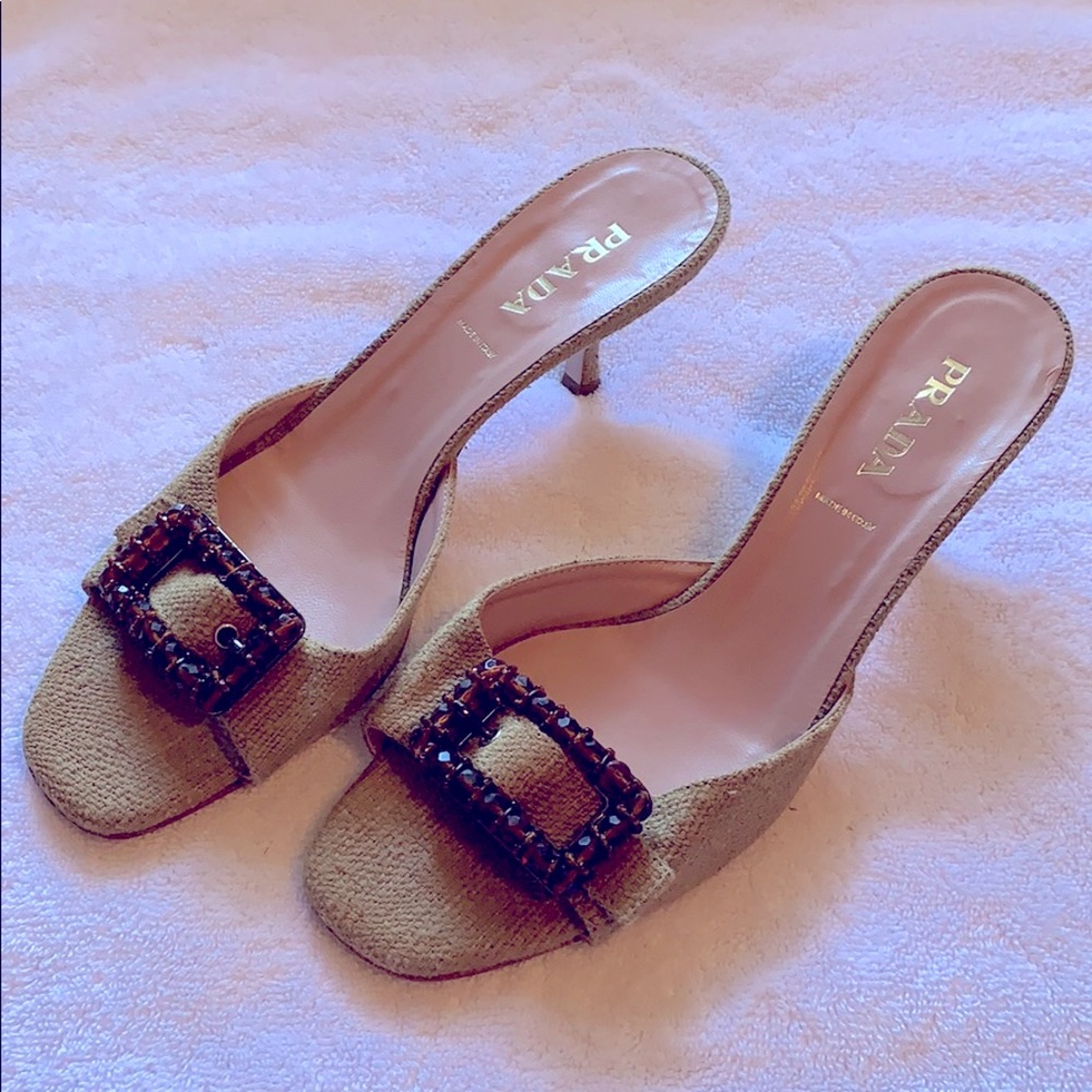 Prada Tan Sandals with Black Buckle